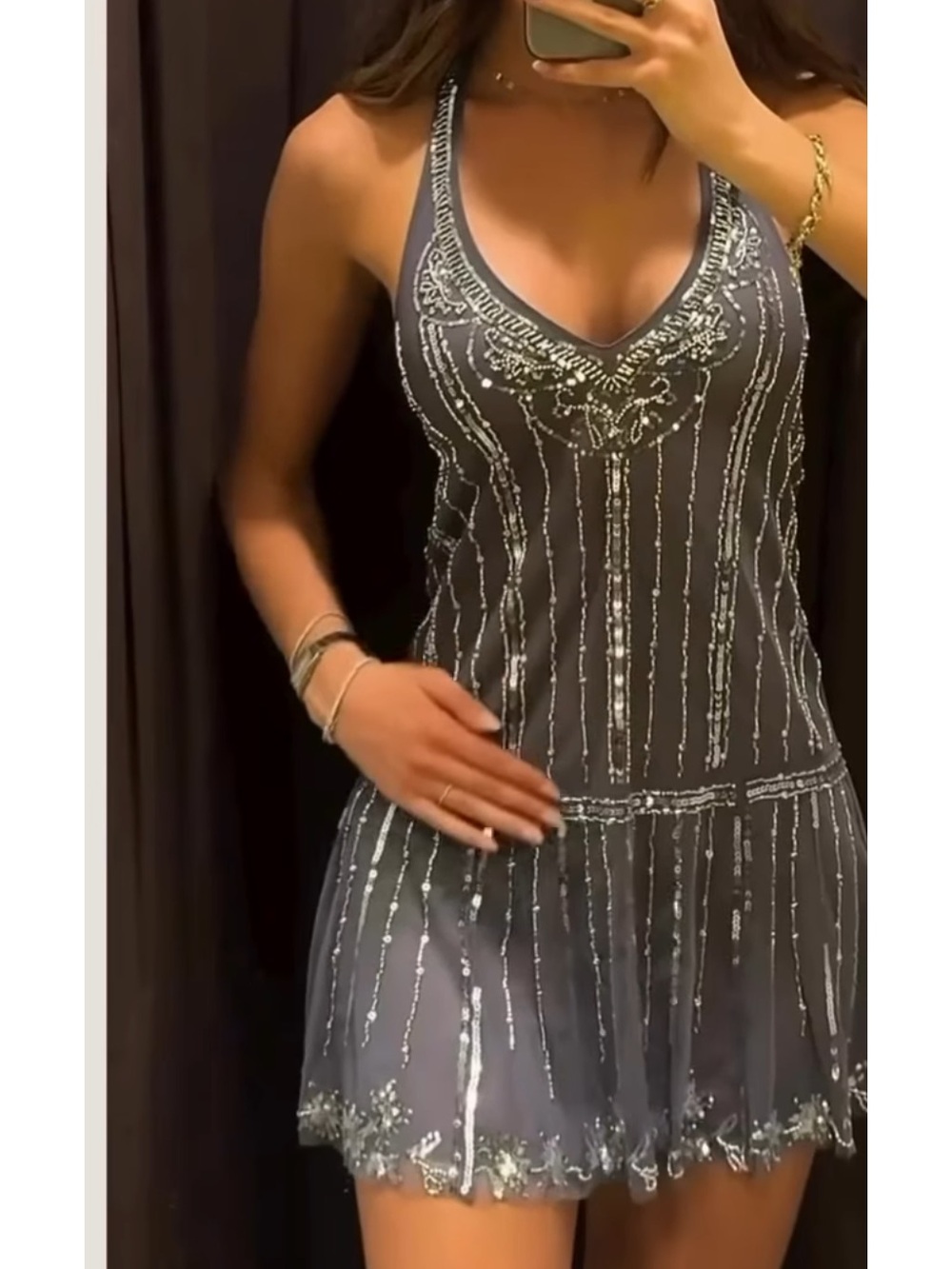ZARA FLORAL SEQUIN HALTER MINI DRESS